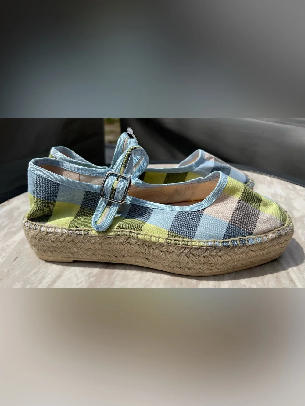 NEW Anthropologie Maeve Mary Jane Espadrille Flats in Blue/Lime Gingham Size 36